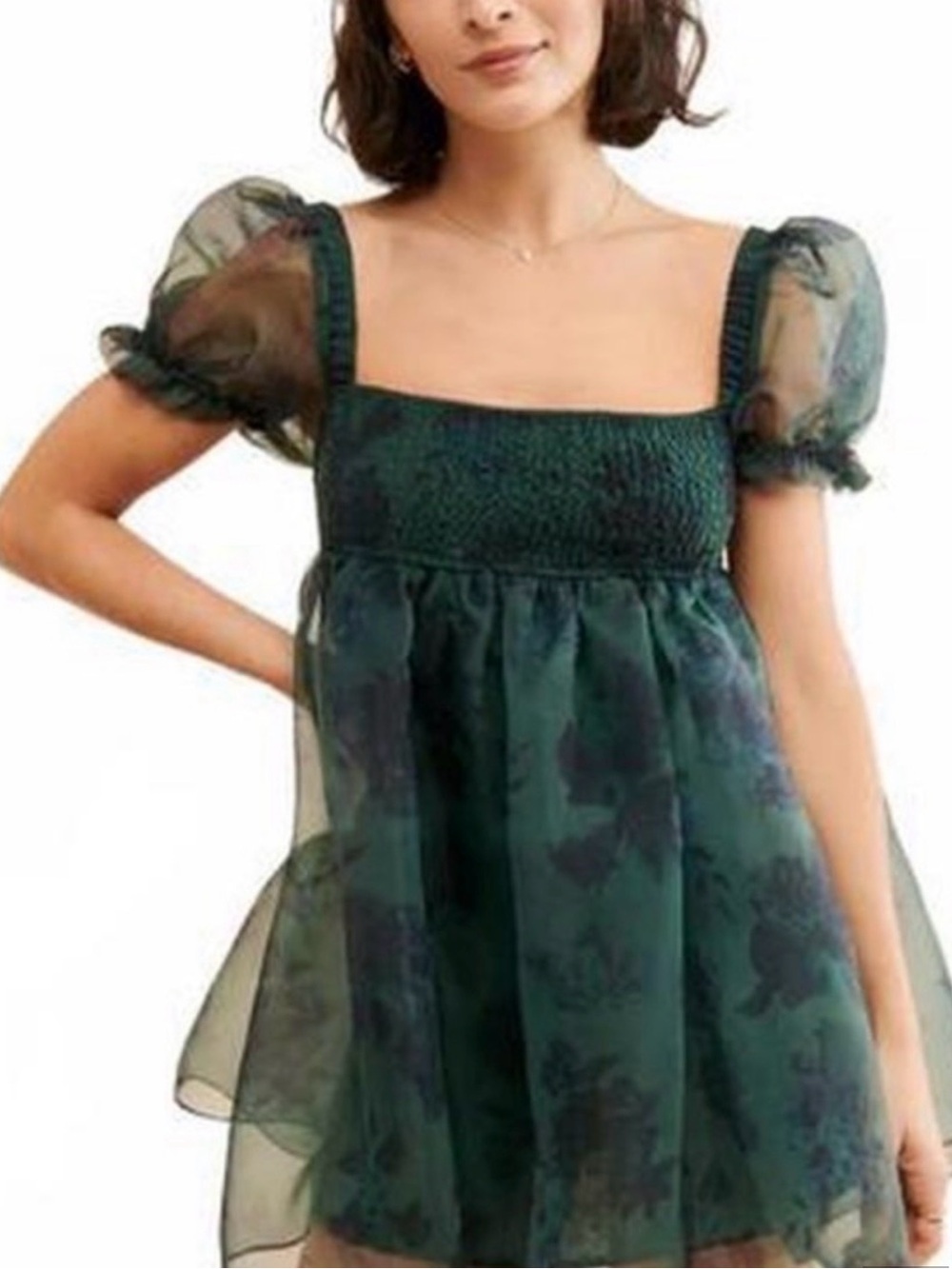 WeWoreWhat Forest Green Floral Puff-Sleeve Mini Dress